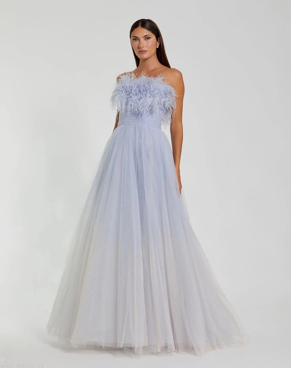 MAC DUGGAL 20557 Blue Ombre Strapless Feather Bodice Tulle Gown Size 14 NWOT